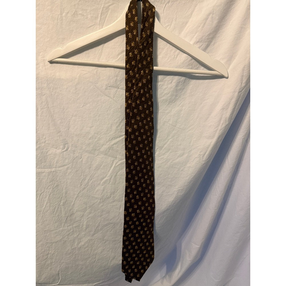 Kenneth Cole New York Men Brown Silk Necktie Gold Maple Leaf Pattern Autumn Fall